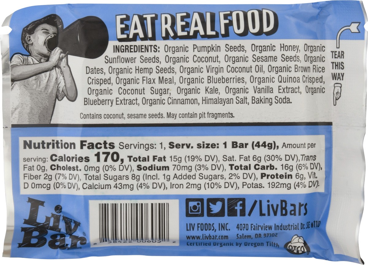 slide 7 of 13, LivBar Organic Blueberry Vanilla Kale Superfood Bar 1.55 oz, 1 ct