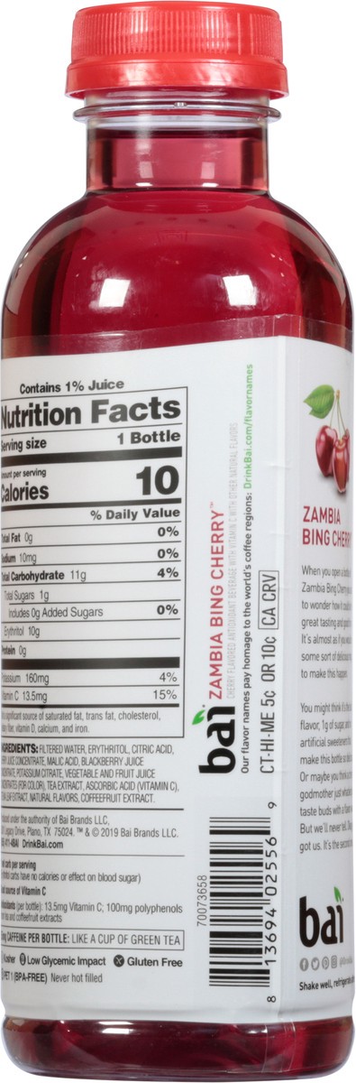 slide 7 of 9, Bai Zambia Bing Cherry, Antioxidant Infused Beverage, 18 fl oz bottle, 18 fl oz