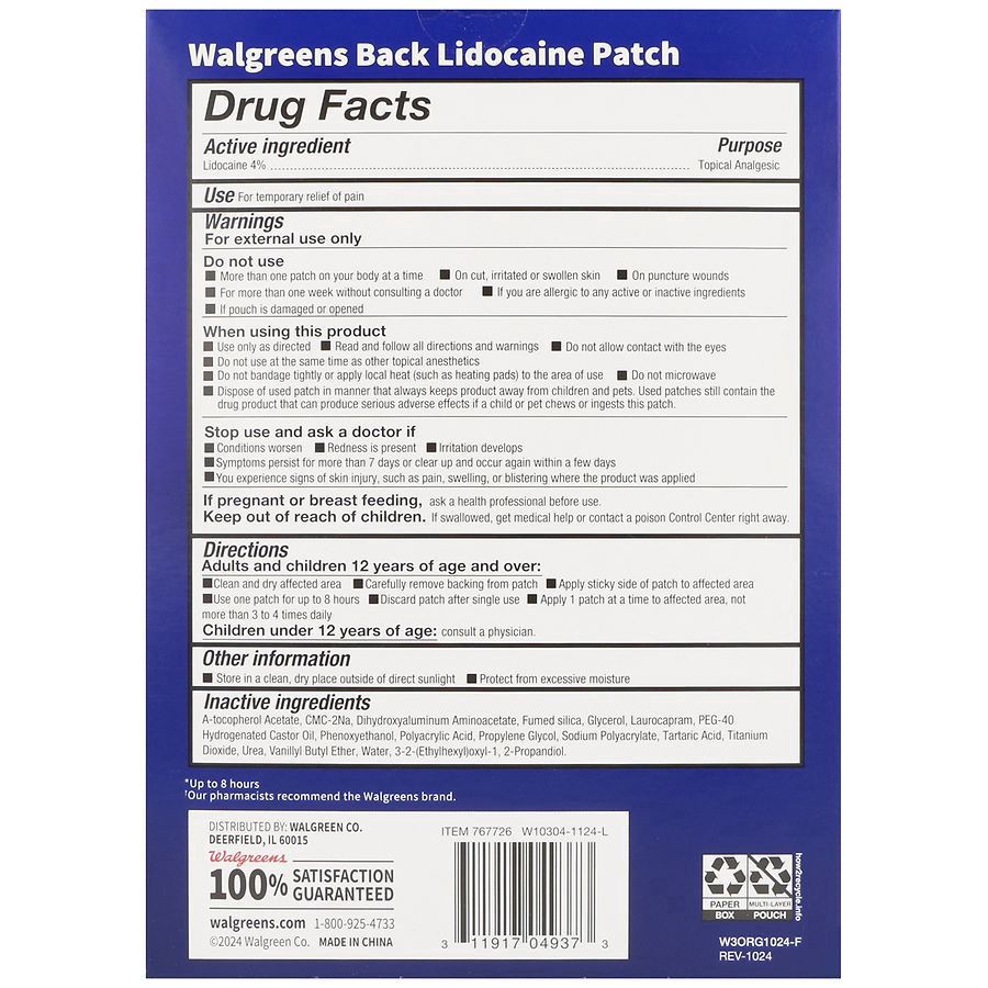 slide 4 of 5, Walgreens Lidocaine Patch Back 6.7 x 5.1 Inches, 6 ct