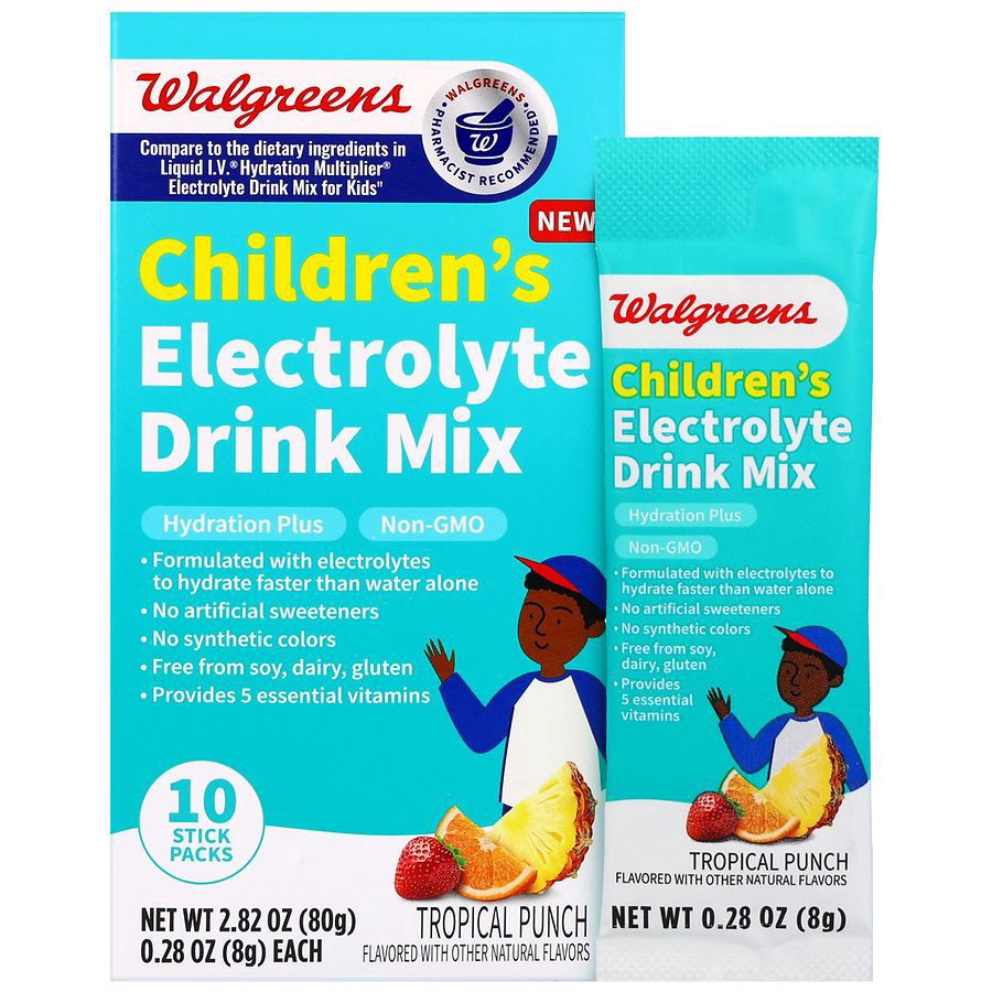 slide 1 of 5, Walgreens Children's Electrolyte Drink Mix Stick Packs Tropical Punch, 0.28 oz x 10 ct