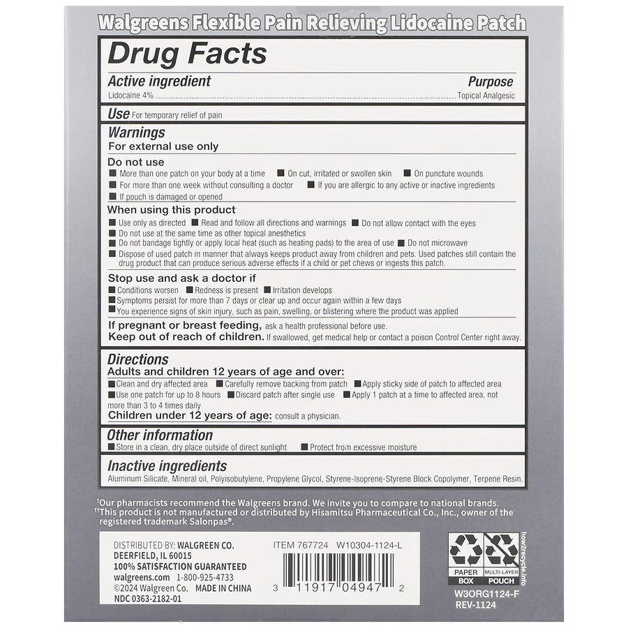 slide 3 of 5, Walgreens Flexible Pain Relieving Lidocaine Patch 2 3/4 x 3 15/16 Inches, 7 ct