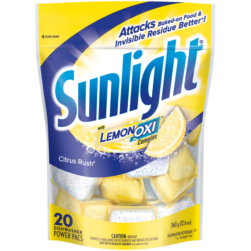 slide 1 of 1, Sunlight Dishwasher Power Pacs - Citrus Rush With Lemon Oxi Complex, 12.6 oz; 20 ct