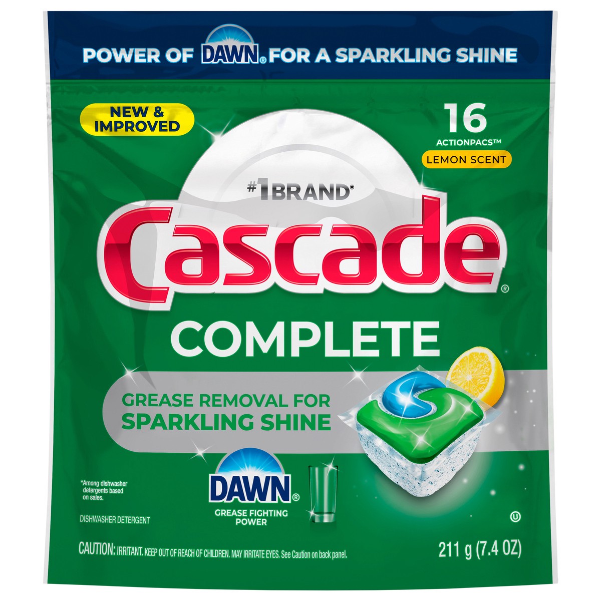 slide 1 of 6, Cascada Lemon Scent Dishwasher Detergent 16 pk, 7.4 oz
