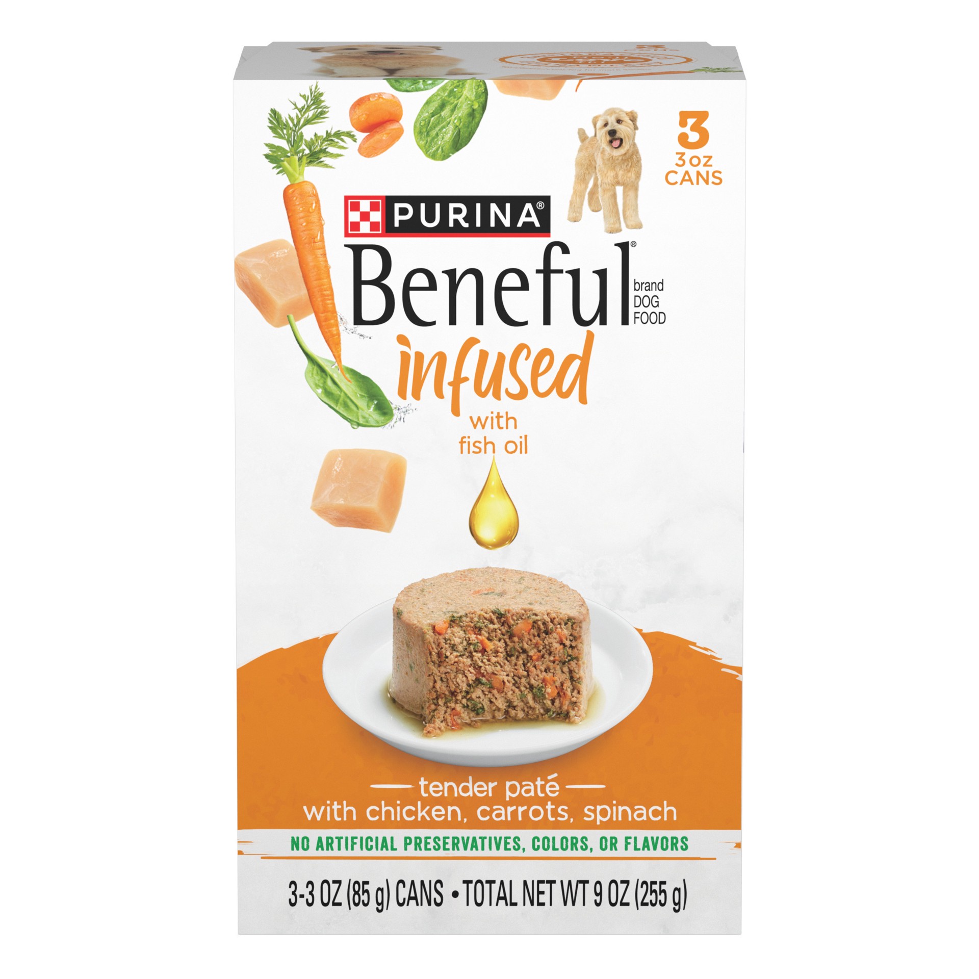 slide 1 of 9, Beneful Purina Beneful Infused Wet Pate Dog Food With Real Chicken, Carrots and Spinach, With Fish Oil for Dogs, 9 oz