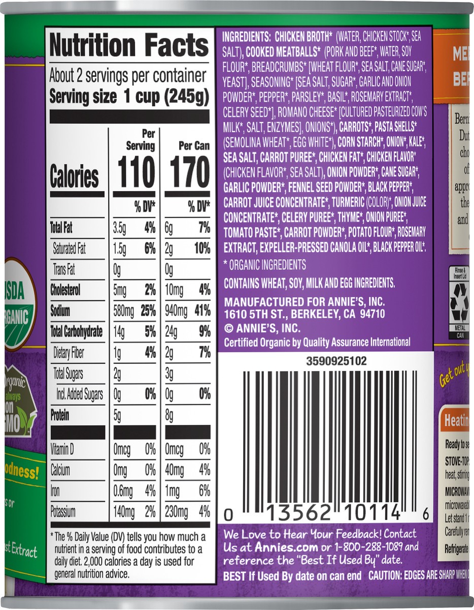 slide 5 of 9, Annie's Organic Meatball Soup with Pasta & Vegetables 14 oz, 14 oz
