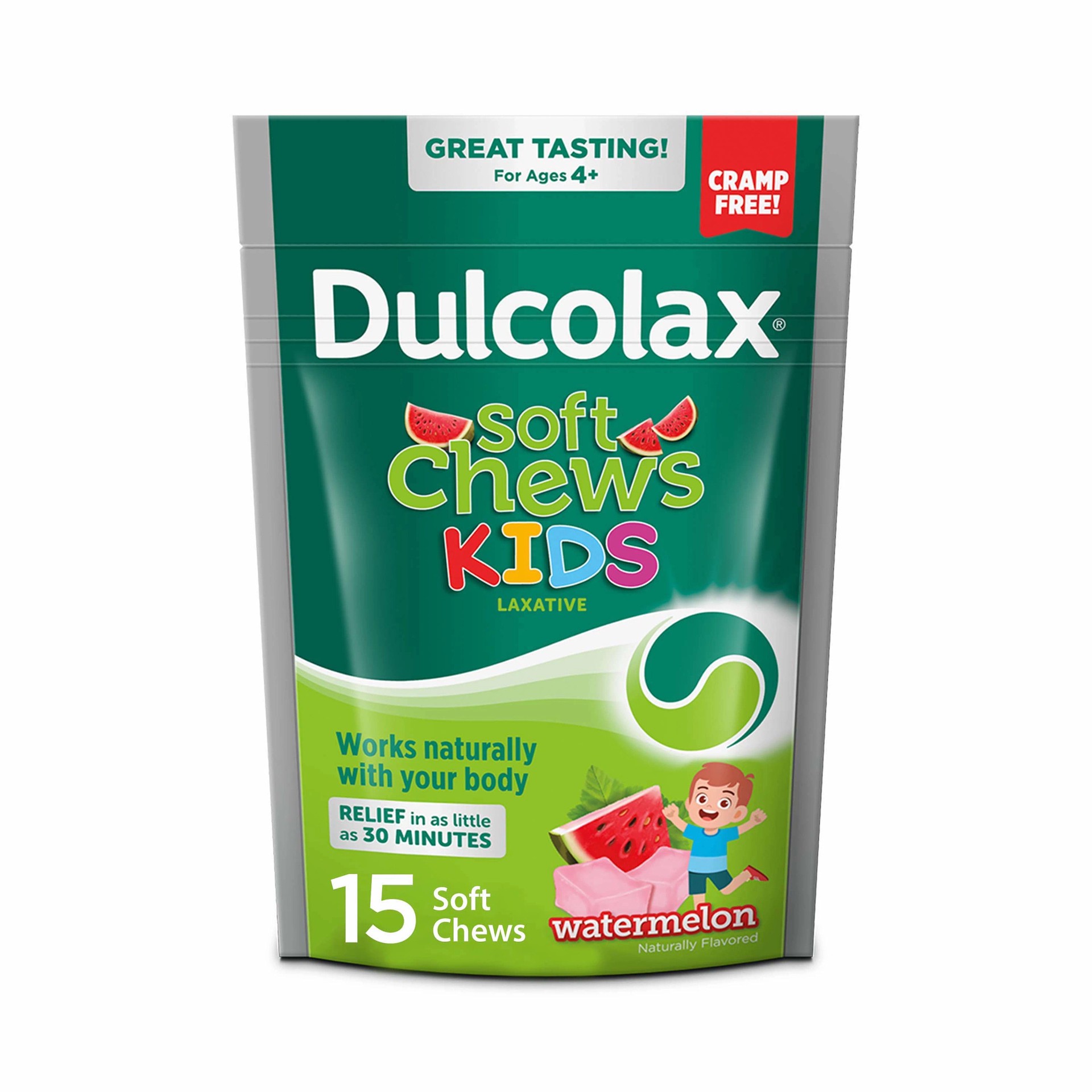 slide 1 of 5, Dulcolax Kids Soft Chews Saline Laxative Watermelon Gentle Constipation Relief, Magnesium Hydroxide 1200mg, 15ct, 15 ct