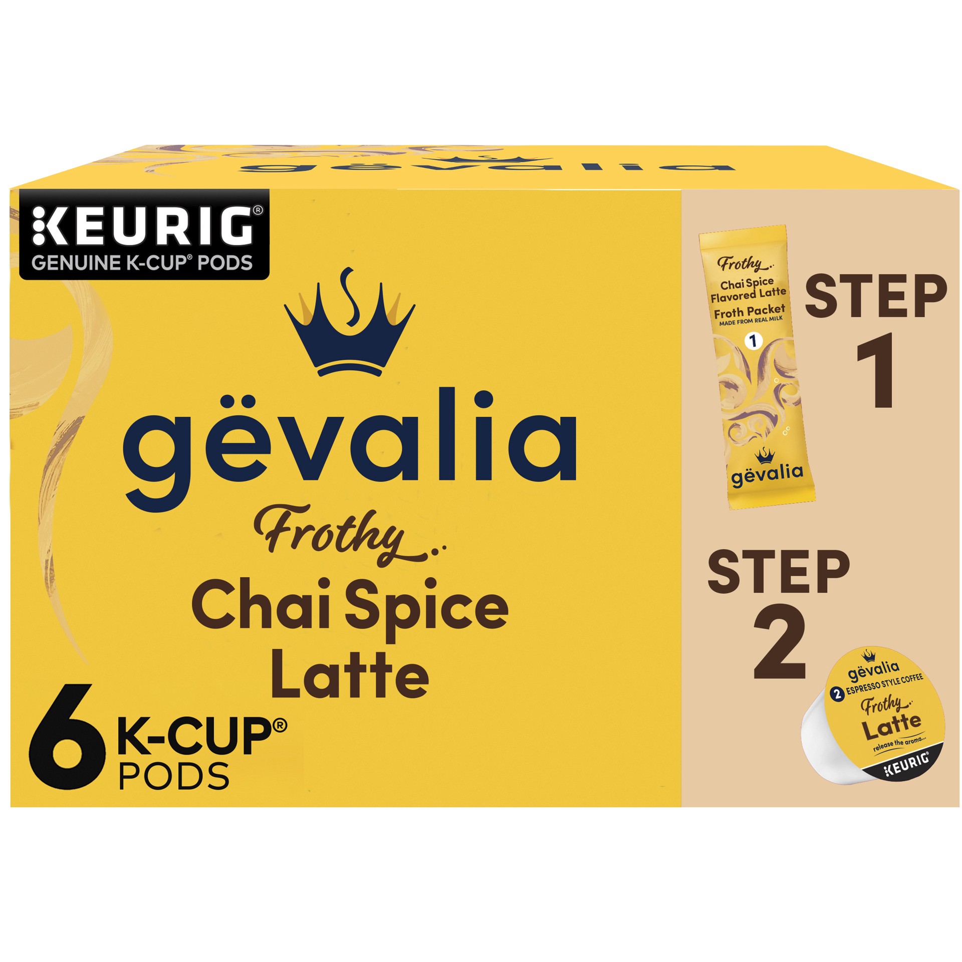 slide 1 of 5, Gevalia Frothy 2-Step Chai Spice Flavored Latte Espresso Keurig K-Cup Coffee Pods & Froth Packets, 6 ct Box, 6 ct