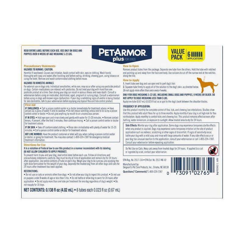 slide 2 of 7, PETARMOR Plus for Small Dogs 5-22 lbs, Flea & Tick Prevention for Dogs, 6-Month Supply, 6 ct