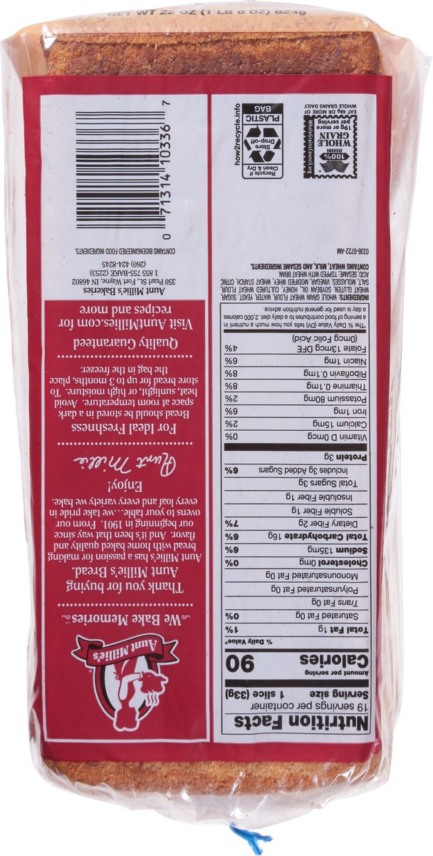 slide 8 of 9, Aunt Millie's 100% Whole Wheat Bread 22 oz, 22 oz