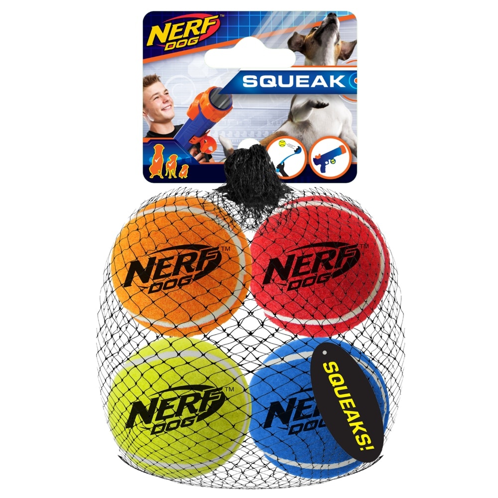 slide 1 of 1, Nerf Dog Squeak Tennis Ball Dog Toys, 4 ct