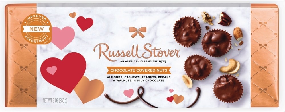 slide 1 of 1, Russell Stover Chocolate Covered Nuts In Milk Chocolate Valentine's Day Box Candy, 9 oz