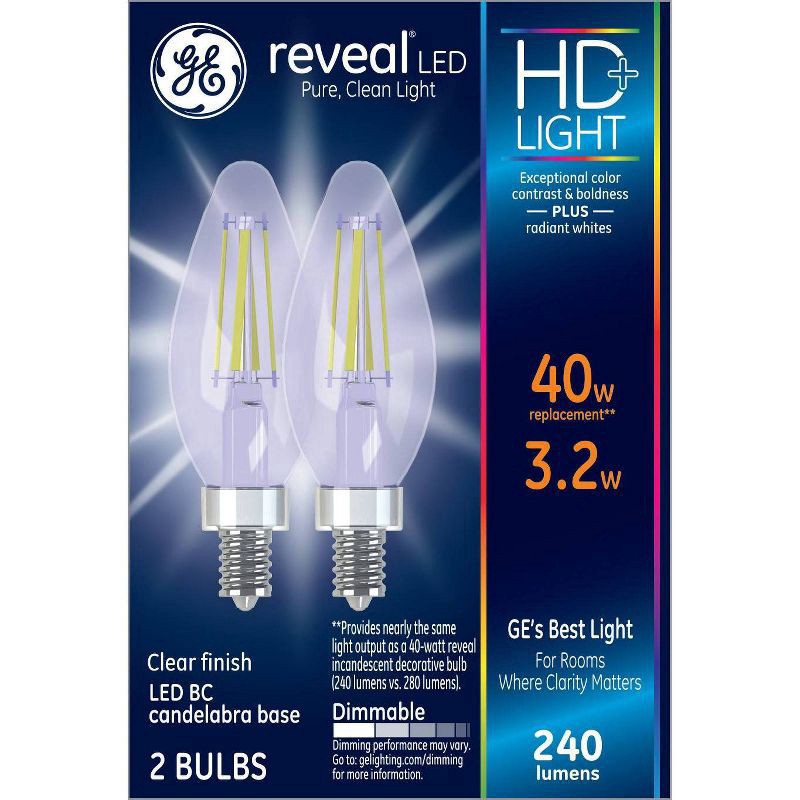 slide 1 of 4, GE Reveal HD+ 40W Replacement LED Light Bulbs Decorative Blunt Tip Candelabra Base Clear, 2 ct