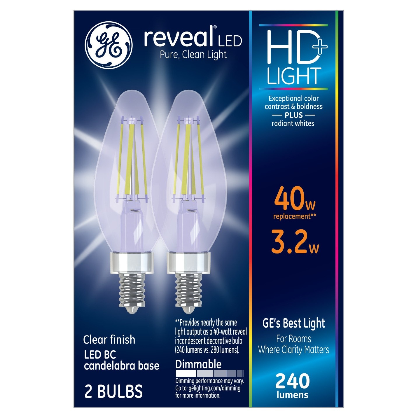slide 1 of 1, GE Reveal HD+ 40W Replacement LED Light Bulbs Decorative Blunt Tip Candelabra Base Clear, 2 ct