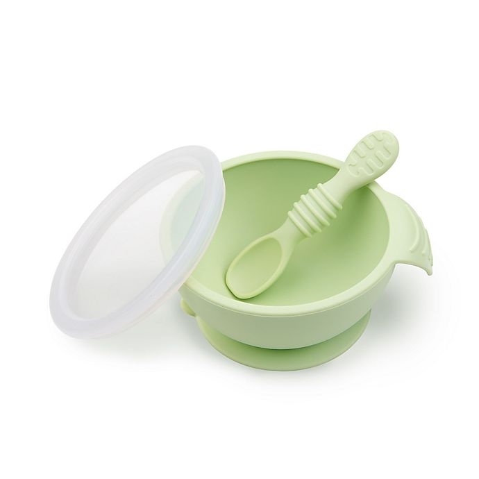 slide 1 of 3, Bumkins Silicone First Feeding Set with Lid & Spoon - Sage, 1 ct