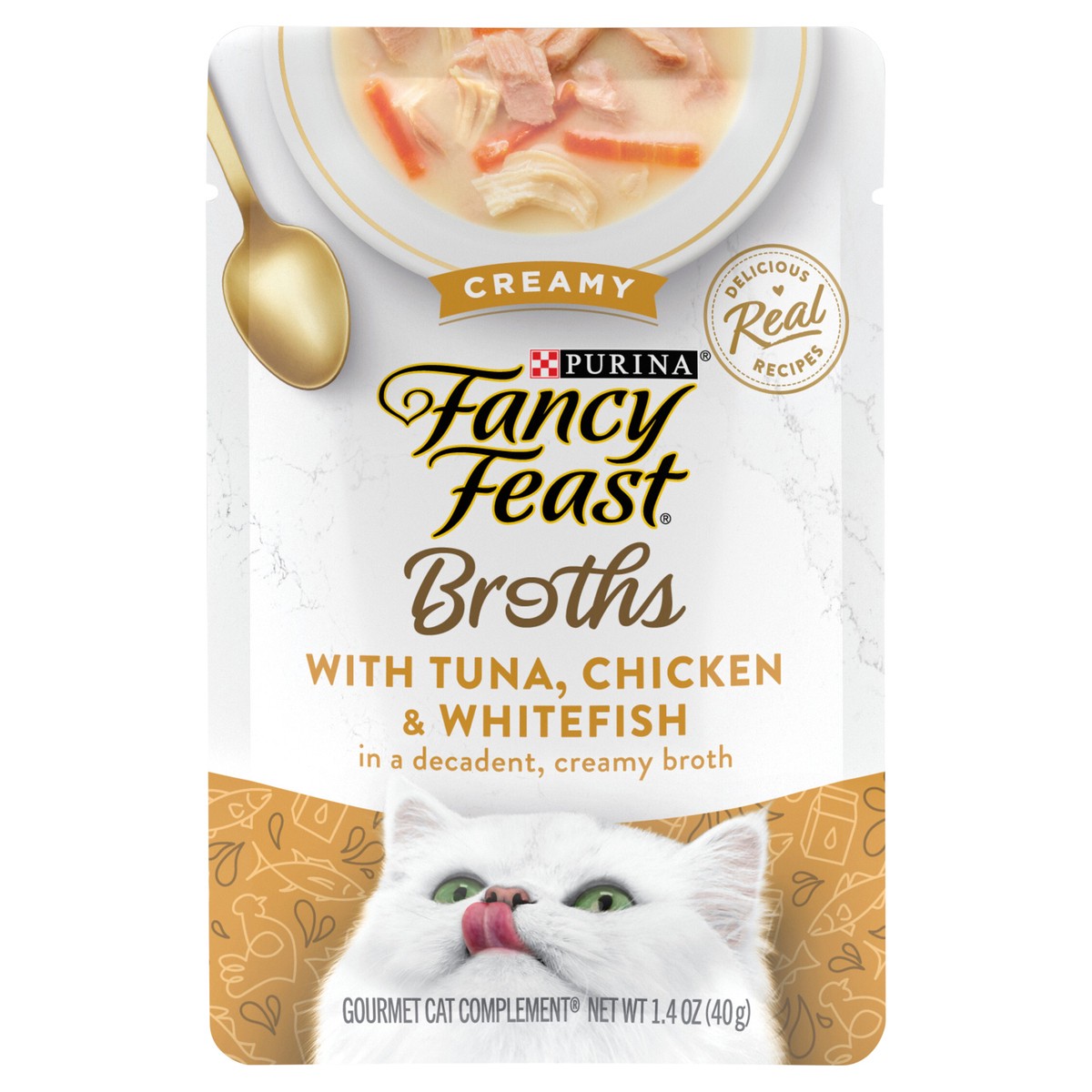 slide 1 of 10, Fancy Feast Purina Fancy Feast Lickable Wet Cat Food Broth Topper, Creamy With Tuna, Chicken, and Whitefish, 1.4 oz