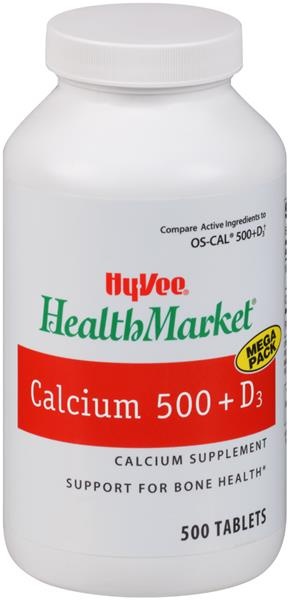 slide 1 of 1, Hy-Vee Health Market Calcium 500 + D3 Calcium Supplement Tablets, 500 ct
