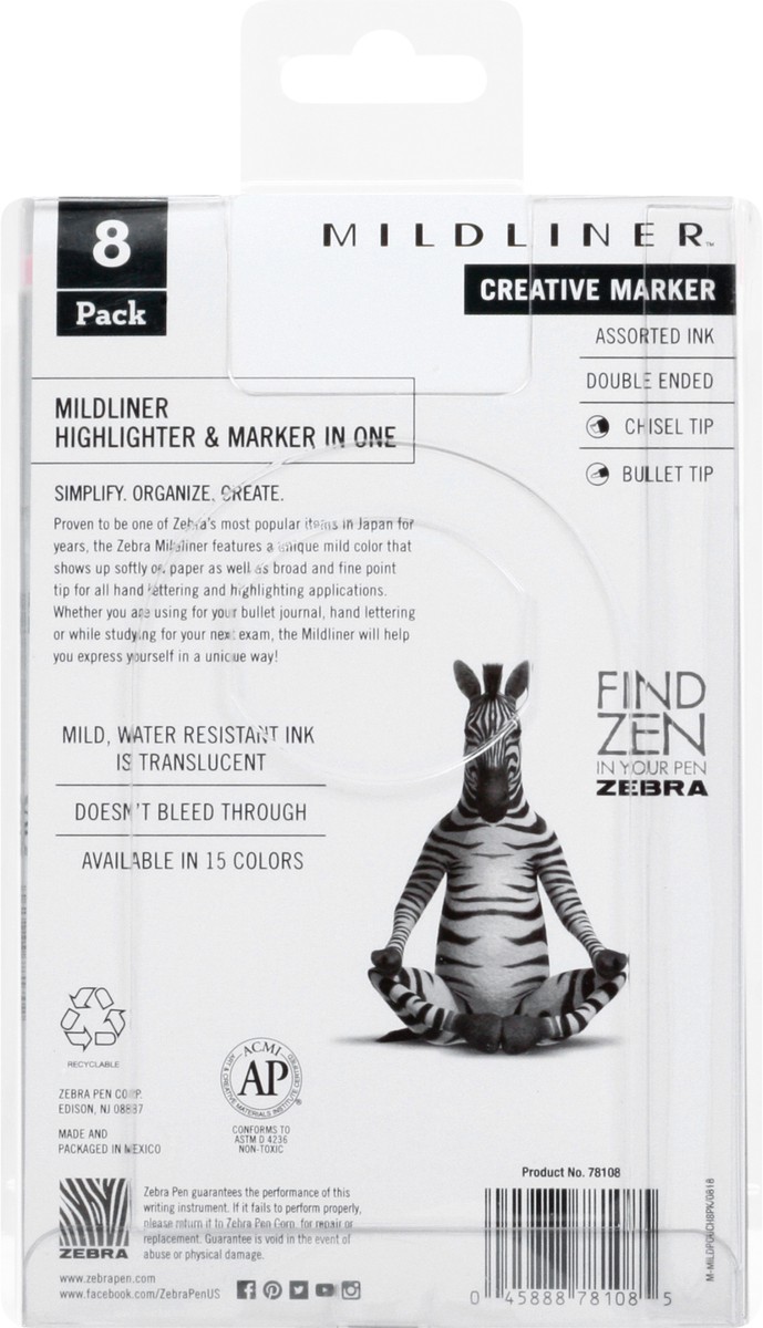 slide 9 of 9, Zebra Mildliner Soft Mild Color Double Ended Creative Marker 8 ea, 8 ct