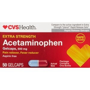 slide 1 of 1, Cvs Health Extra Strength Acetaminophen Pain Reliever & Fever Reducer 500 Mg Gelcaps, 50 Ct, 1 ct