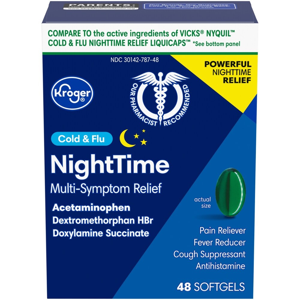 slide 1 of 1, Kroger Non-Drowsy Cold & Flu Nighttime Acetaminophen Caplets, 48 ct
