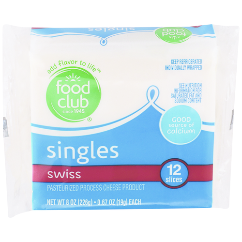 slide 1 of 1, Food Club Swiss Pasteurized Process Cheese Product Singles, 8 oz