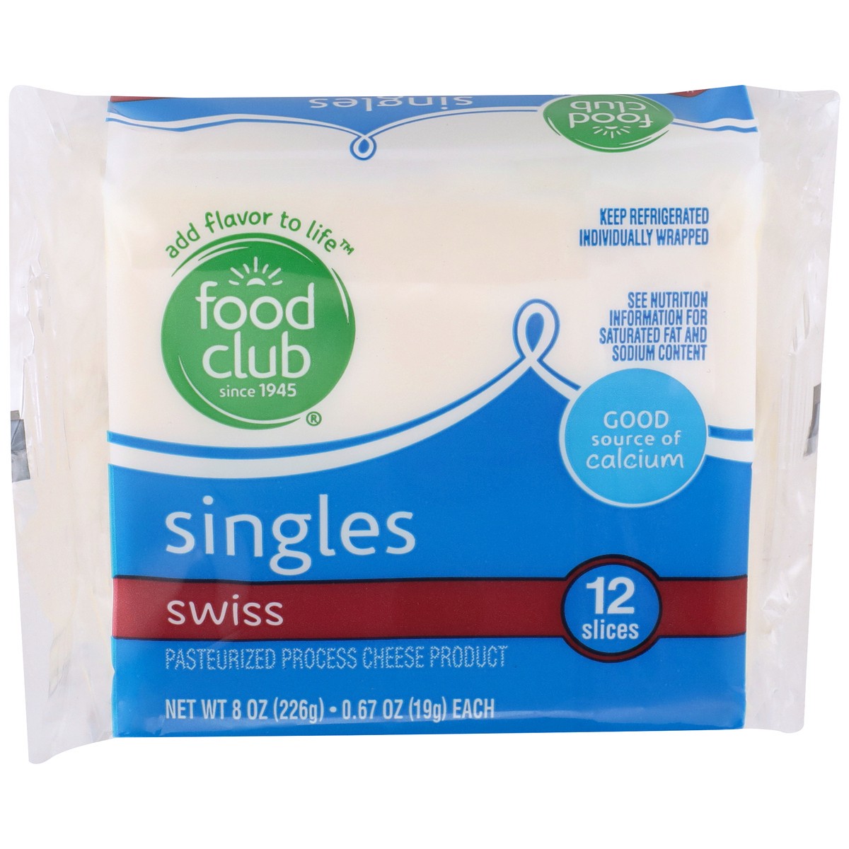 slide 1 of 9, Food Club Swiss Pasteurized Process Cheese Product Singles, 8 oz