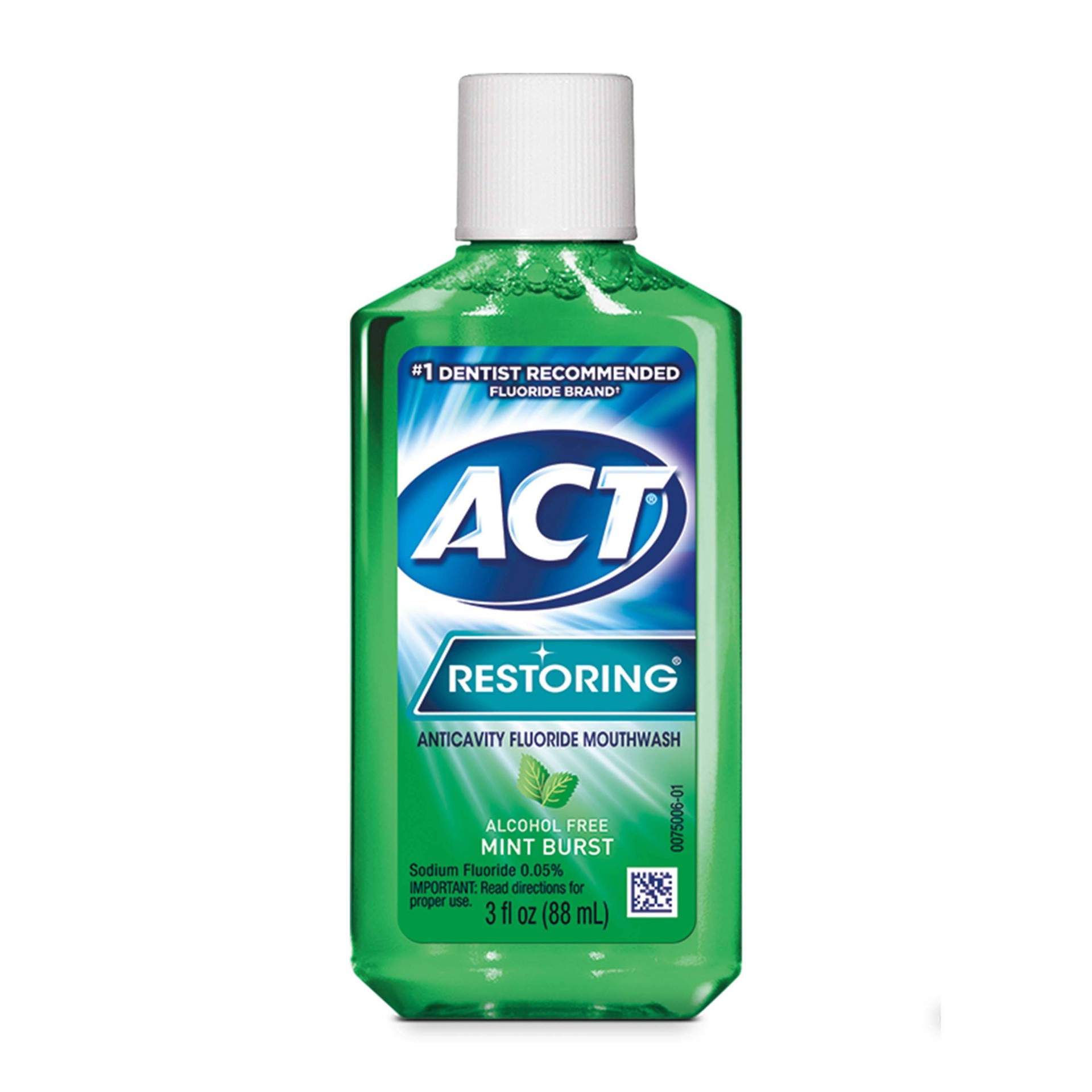 slide 1 of 2, ACT Restoring Anticavity Fluoride Mouthwash Mint Burst, 3 fl oz