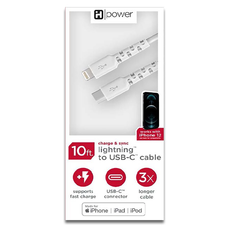 slide 1 of 1, iHome Nylon Lightning to USB-C Charging Cable - White, 10 ft