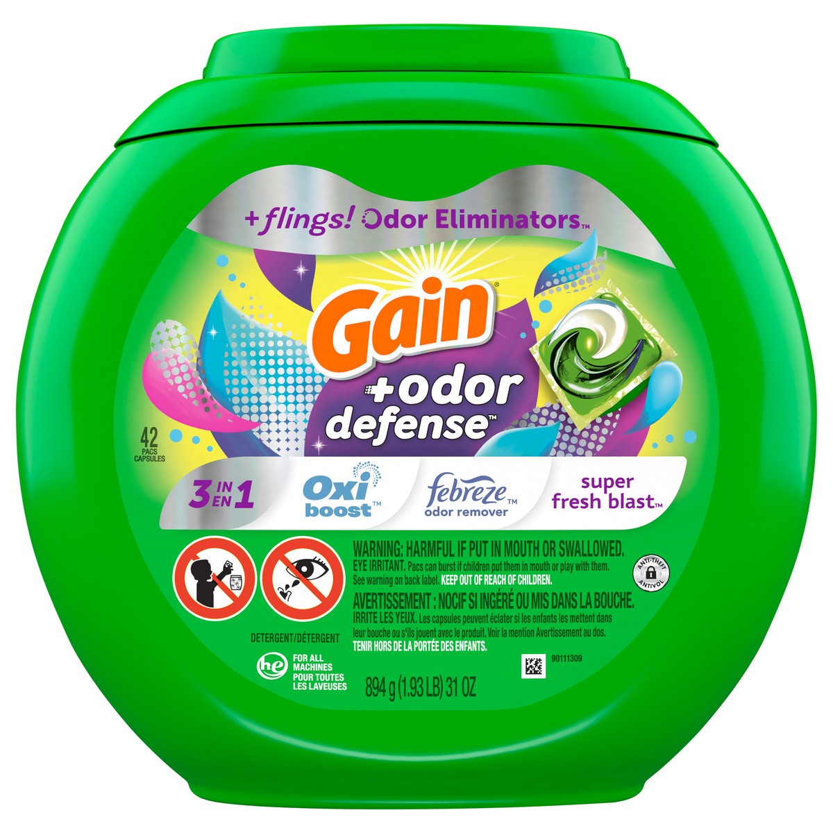 slide 1 of 1, Gain Flings Laundry Detergent Pacs with Odor Defense, 42 Ct, Super Fresh HE 3in1 Detergent Pacs with Febreze and Oxi, 42 ct