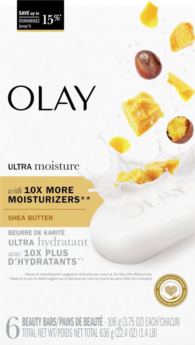 slide 3 of 3, Olay Moisture Outlast Ultra Moisture Shea Butter Beauty Bar with Vitamin B3 Complex, 3.75 oz, 6 count, 6 ct