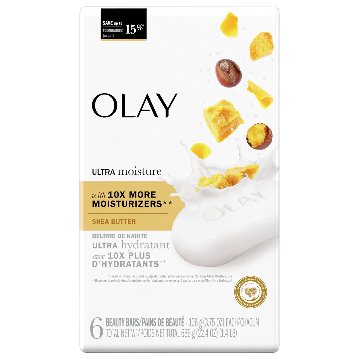 slide 1 of 3, Olay Moisture Outlast Ultra Moisture Shea Butter Beauty Bar with Vitamin B3 Complex, 3.75 oz, 6 count, 6 ct