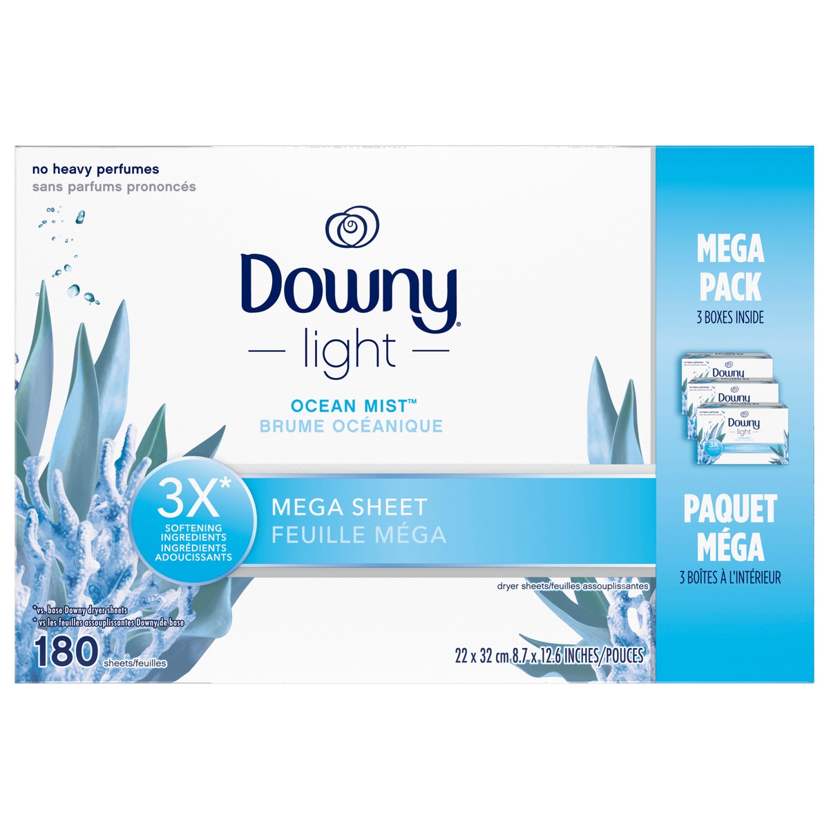 slide 6 of 7, Downy Light Mega Dryer Sheets, Fabric Softener Dryer Sheets, Ocean Mist, 180 Count, 180 ct