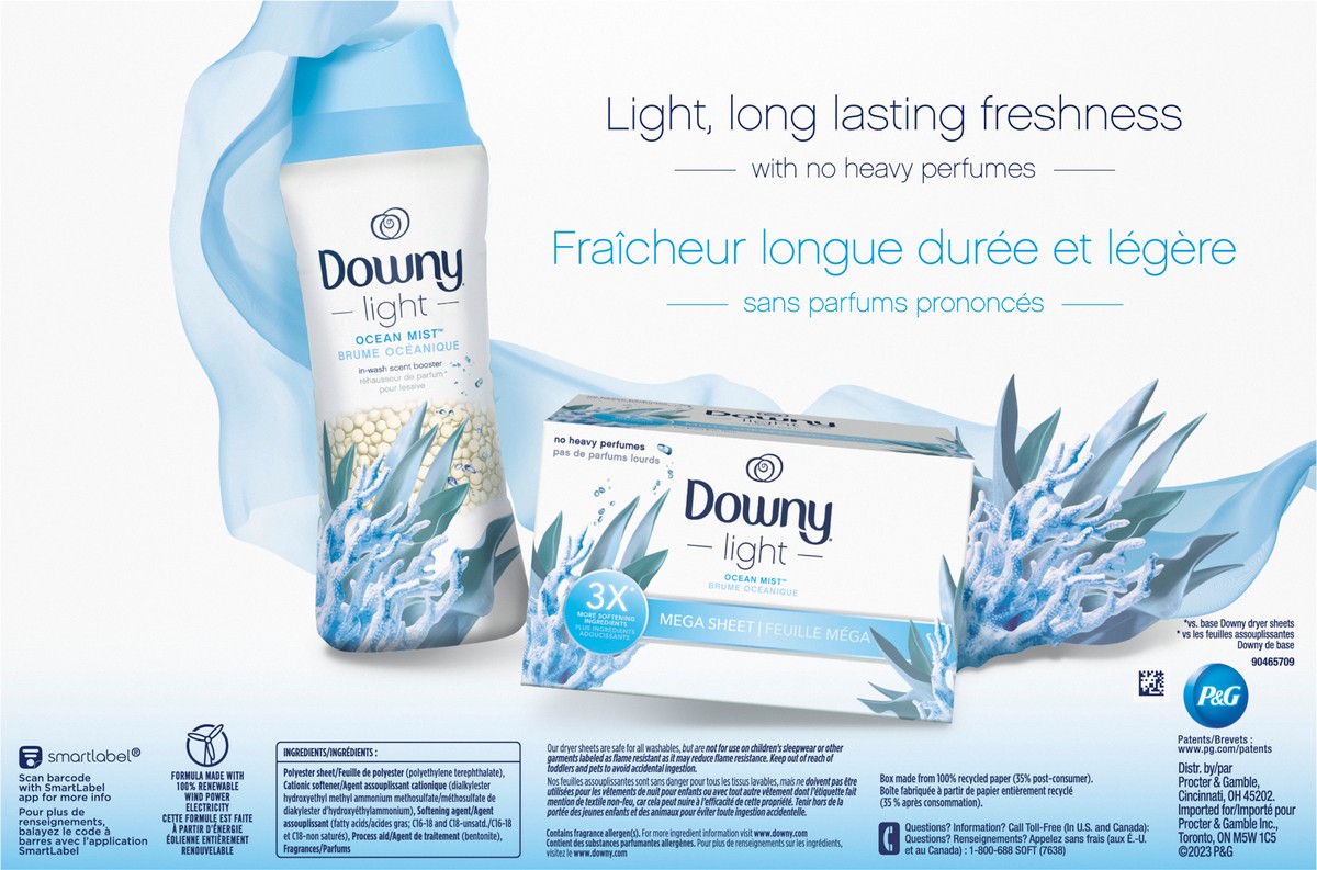 slide 5 of 7, Downy Light Mega Dryer Sheets, Fabric Softener Dryer Sheets, Ocean Mist, 180 Count, 180 ct