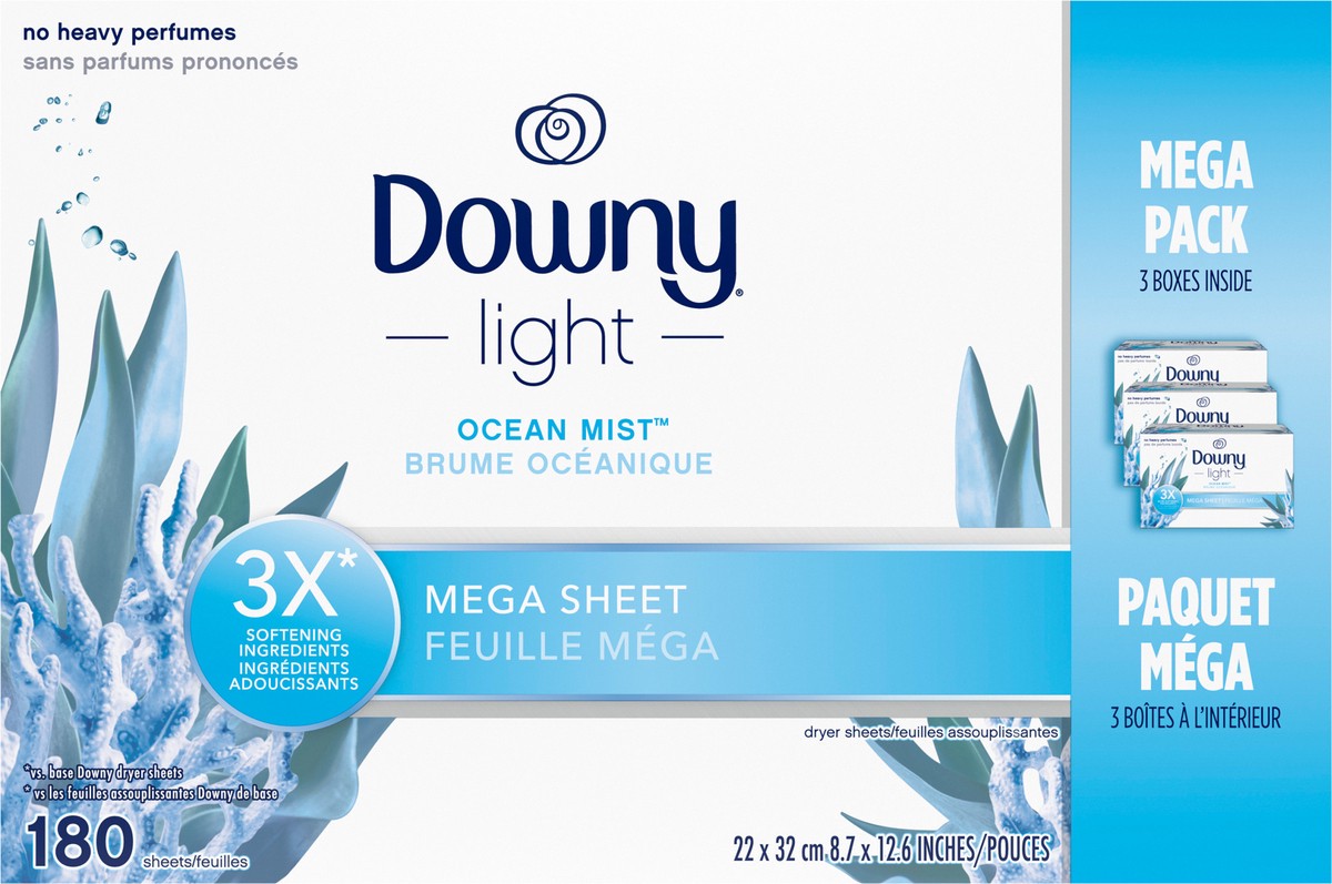 slide 2 of 7, Downy Light Mega Dryer Sheets, Fabric Softener Dryer Sheets, Ocean Mist, 180 Count, 180 ct