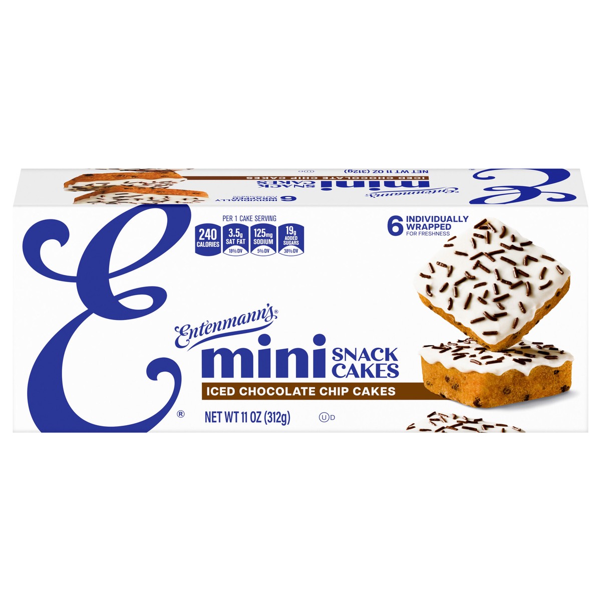 slide 1 of 7, Entenmann's Iced Chocolate Chip Mini Snack Cakes, 6 count, 11 oz, 6 ct
