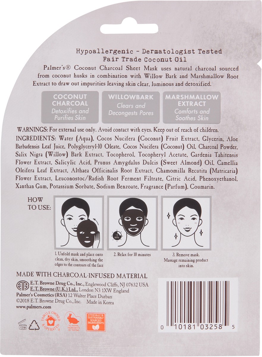 slide 8 of 10, Palmer's Coconut Oil Formula Coconut Charcoal Detoxifying Sheet Mask, .60 fl. oz., 0.60 fl oz