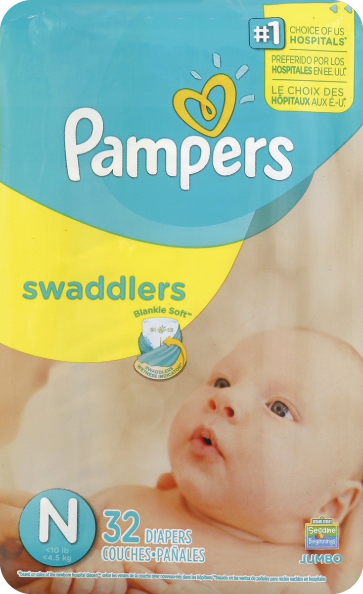 slide 4 of 6, Pampers Swaddlers Diapers Jumbo Pack Size Newborn, 32 ct