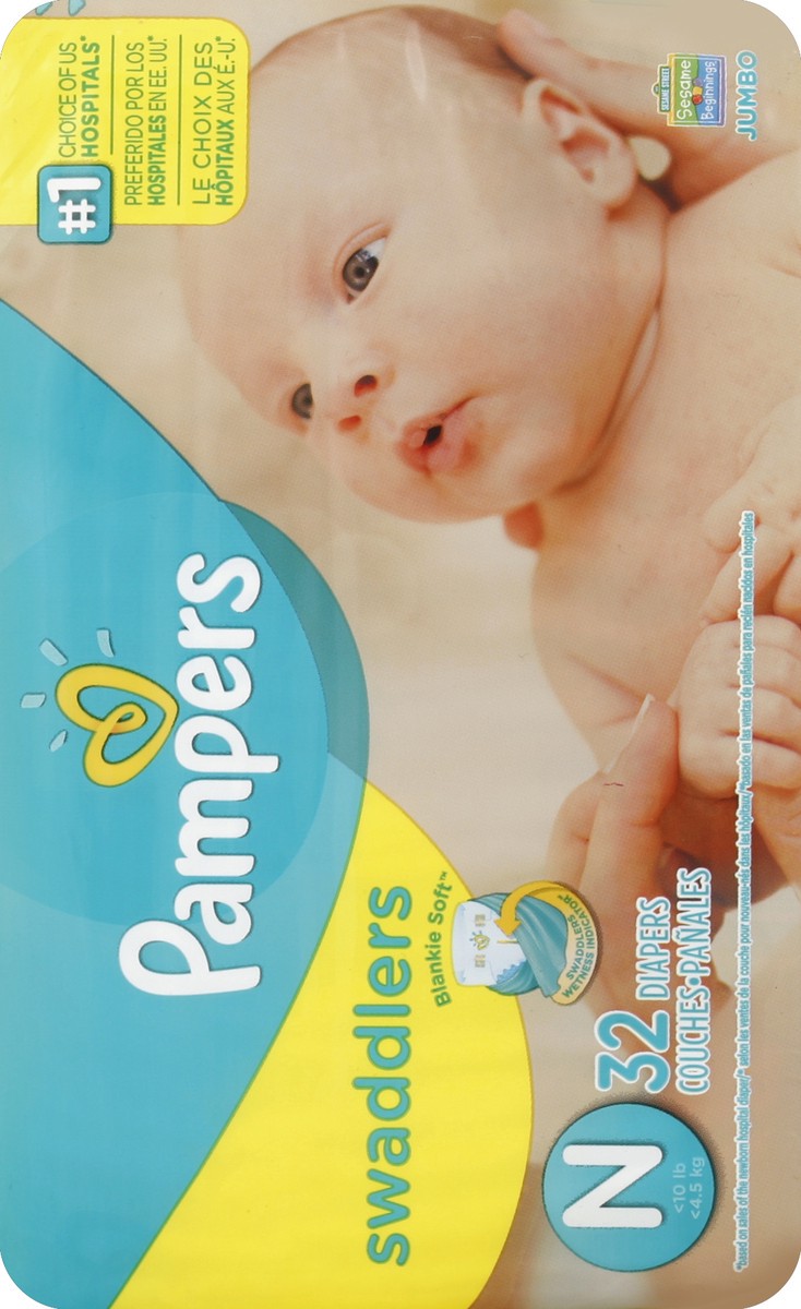 slide 5 of 6, Pampers Swaddlers Diapers Jumbo Pack Size Newborn, 32 ct
