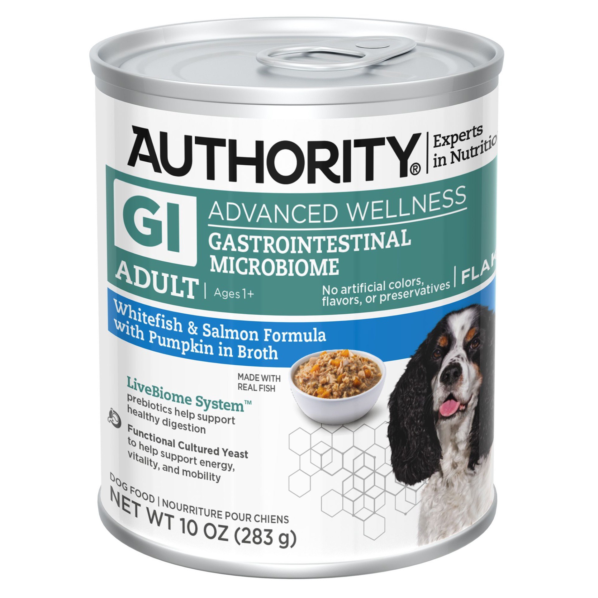 slide 1 of 1, Authority Advanced Wellness Gastrointestinal Microbiome Shredded Wet Dog Food, 10 oz