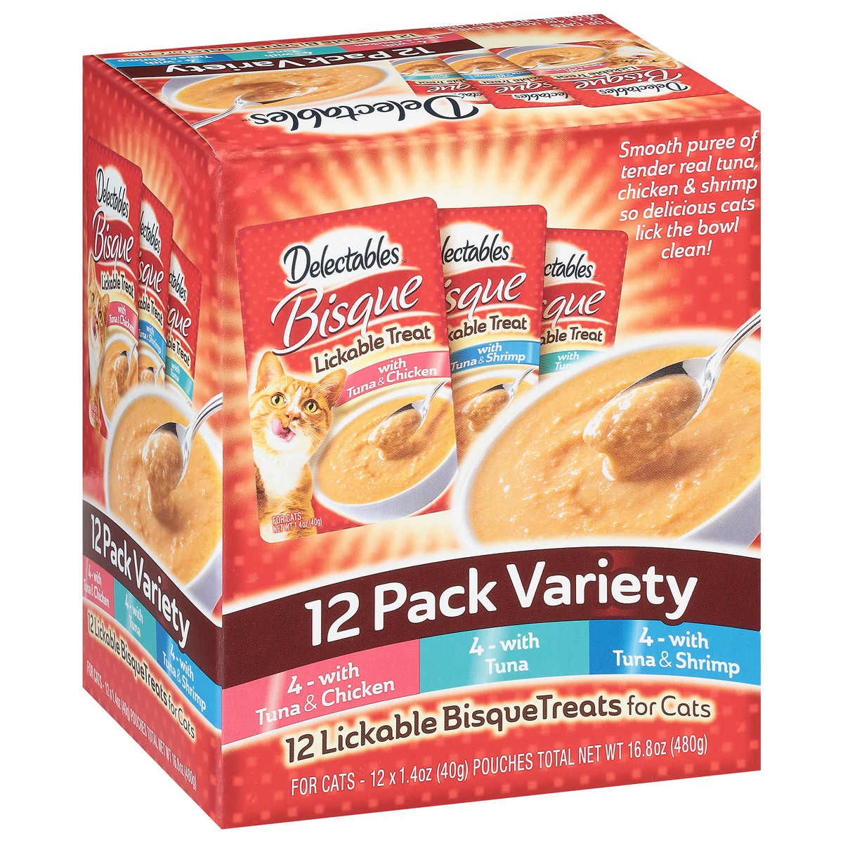 slide 5 of 9, Delectables Lickable Bisque Treats for Cats 12 Pack Variety 12 - 1.4 oz Pouches, 12 ea