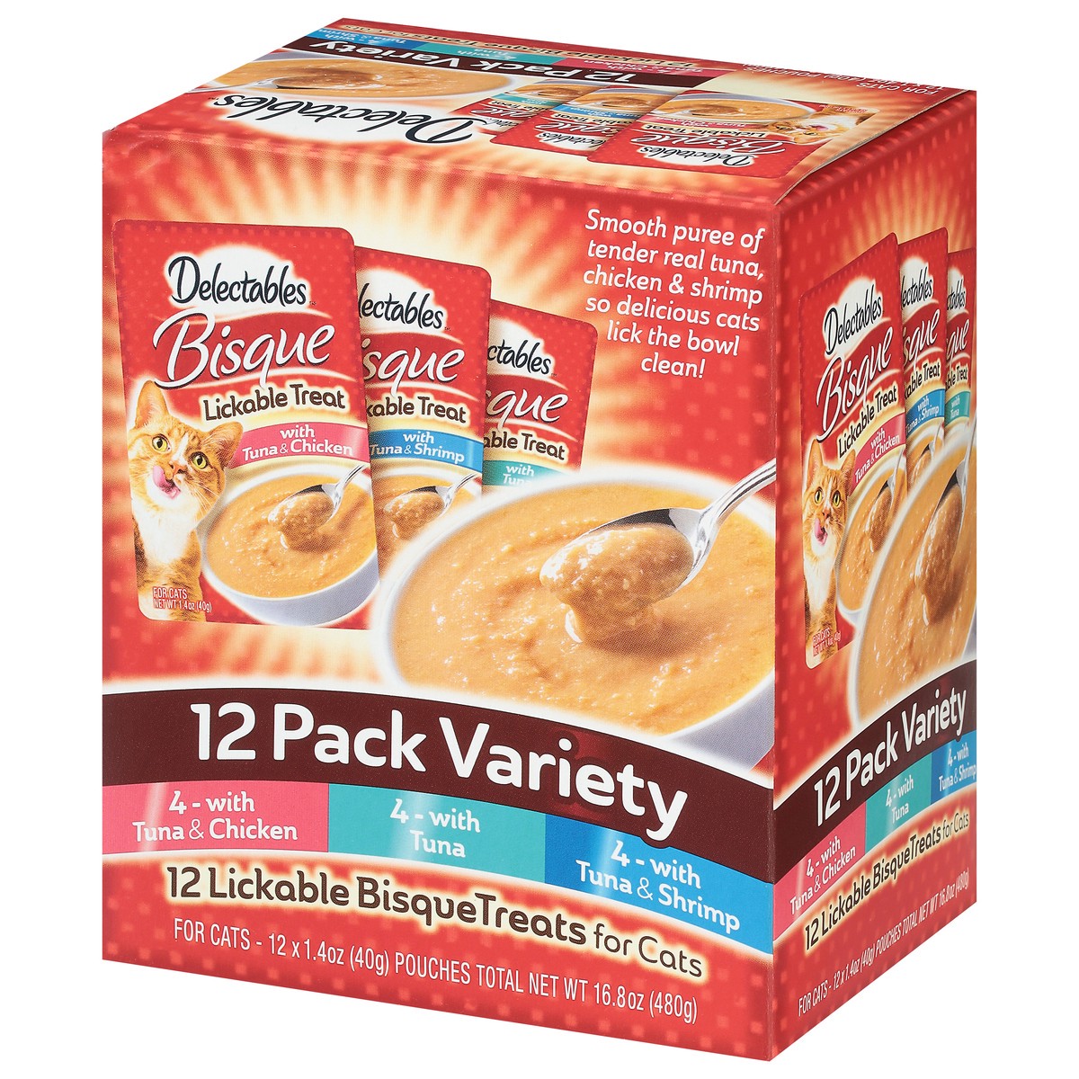 slide 7 of 9, Delectables Lickable Bisque Treats for Cats 12 Pack Variety 12 - 1.4 oz Pouches, 12 ea