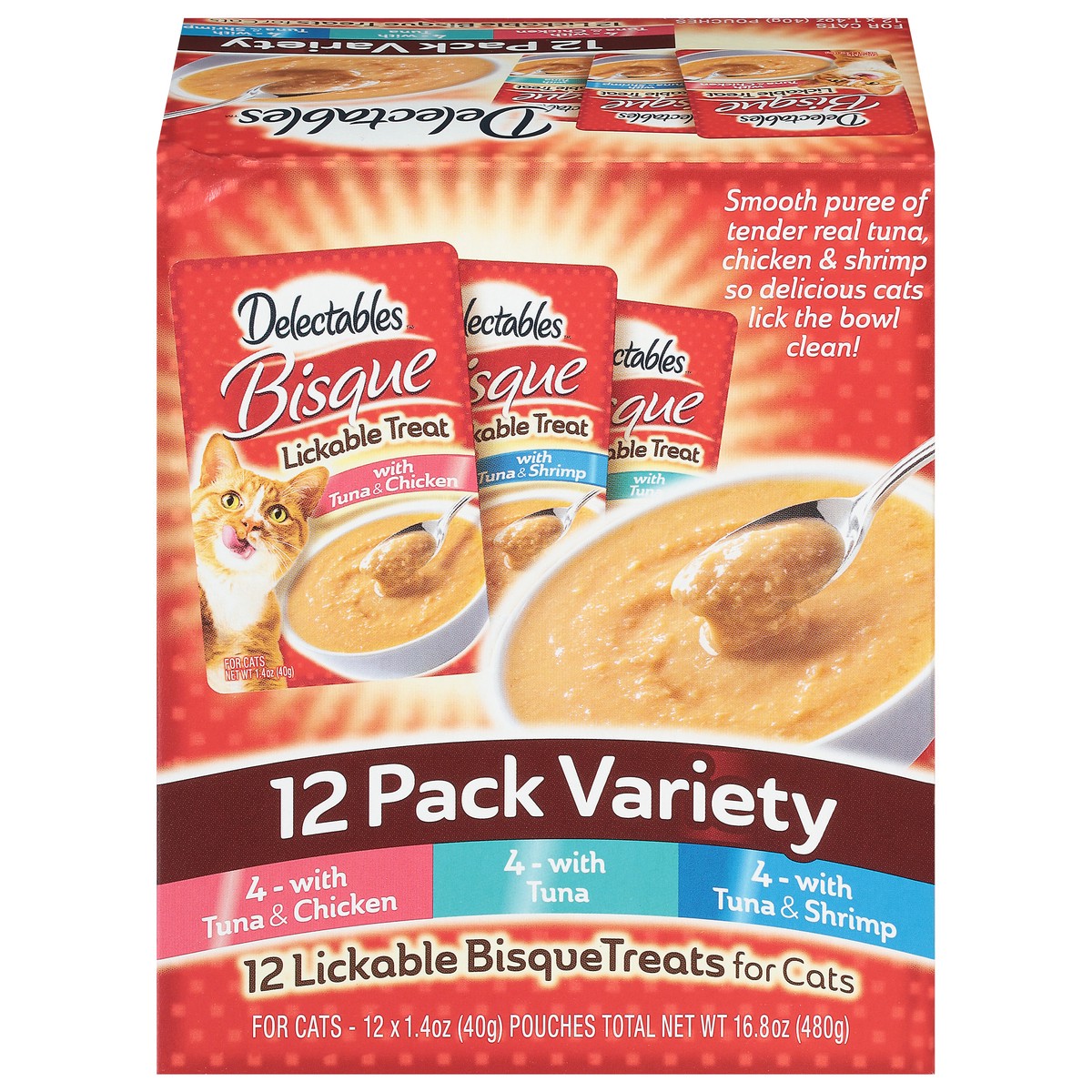 slide 1 of 9, Delectables Lickable Bisque Treats for Cats 12 Pack Variety 12 - 1.4 oz Pouches, 12 ea