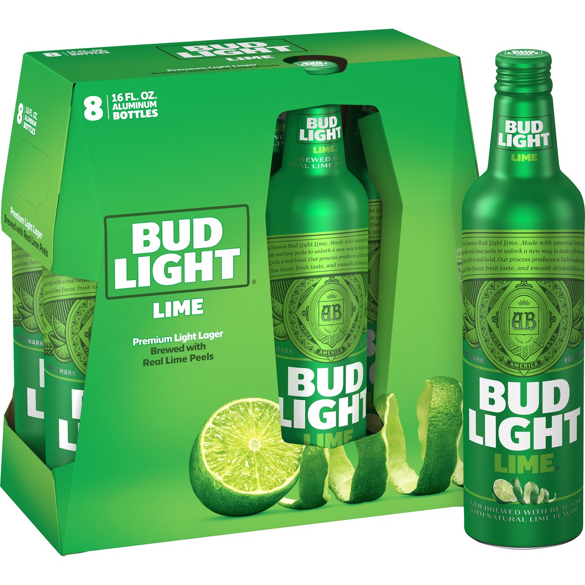 slide 1 of 1, Bud Light Lime Beer, 8 Pack 16 fl. oz. Aluminum Bottles, 4.2% ABV, 128 fl oz