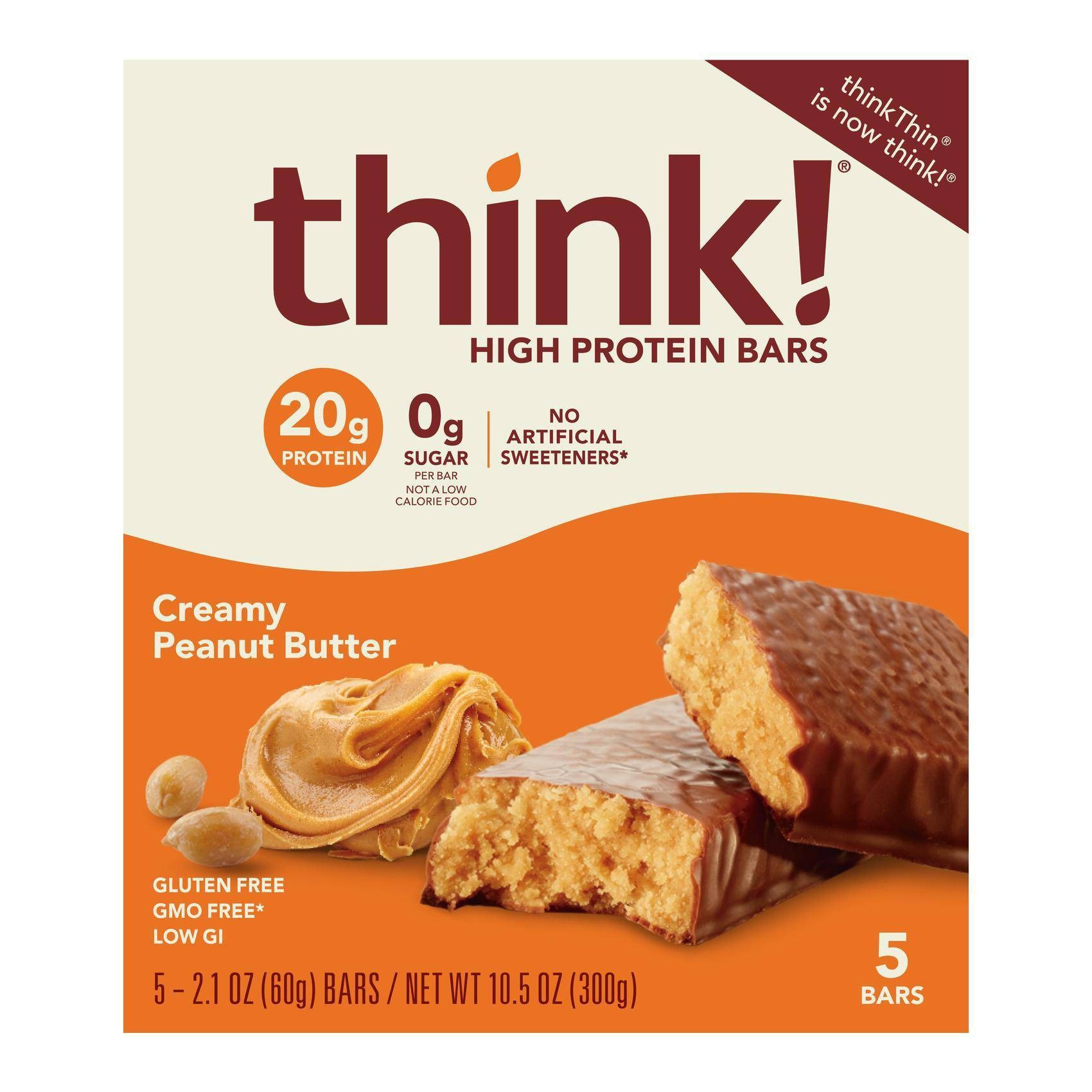 slide 1 of 3, thinkThin Creamy Peanut Butter Protein Bars, 5 ct; 2.1 oz