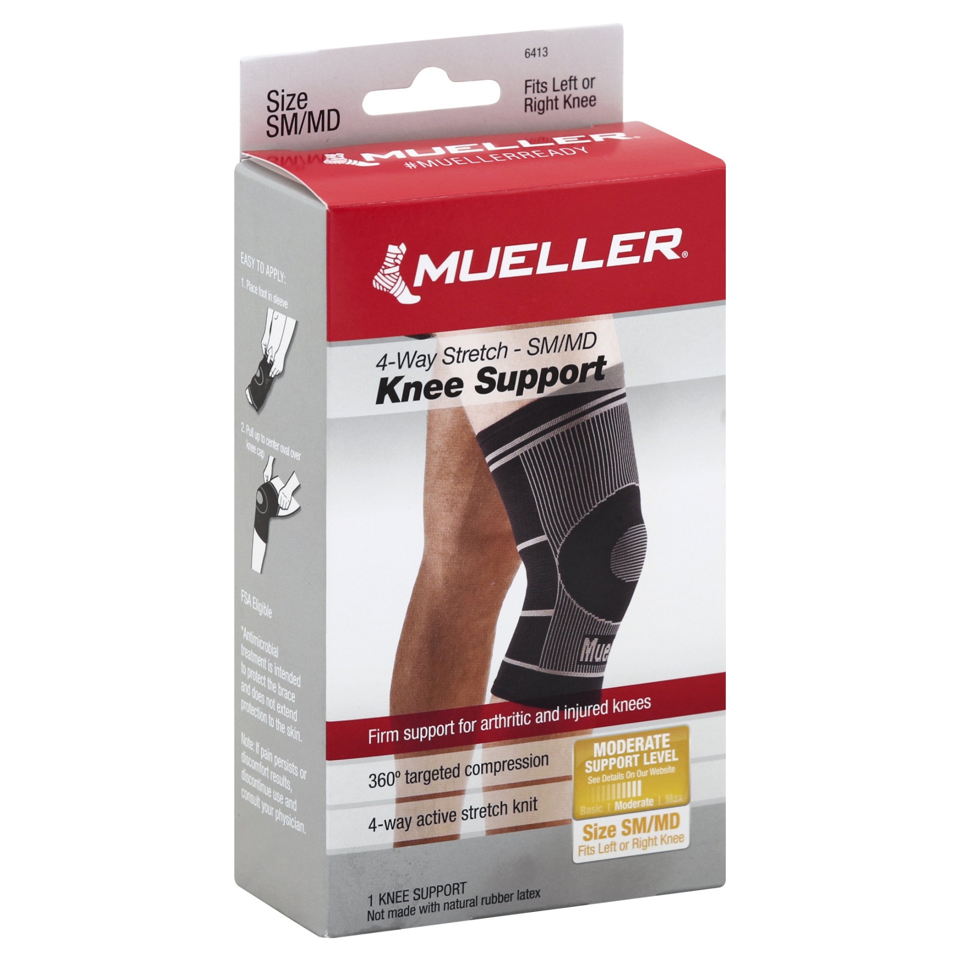 slide 1 of 4, Mueller Small/Medium 4-Way Stretch Knee Support, 1 ct