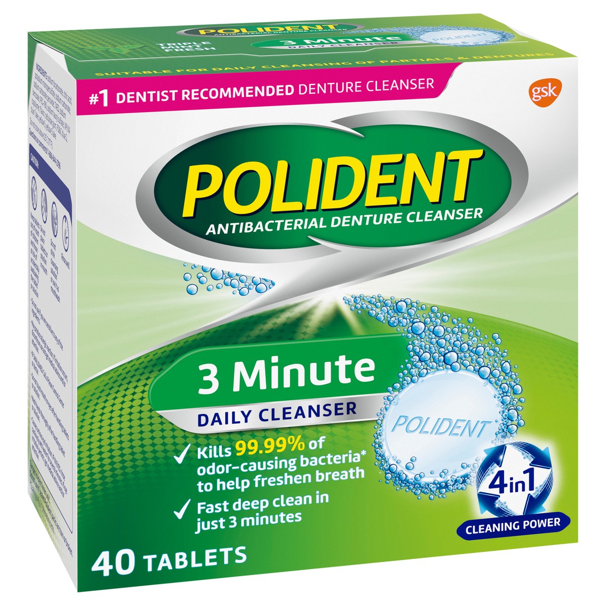 slide 2 of 9, Polident 3 Minute Triple Mint Antibacterial Effervescent Denture Cleaner Tablets - 40 Count, 40 ct