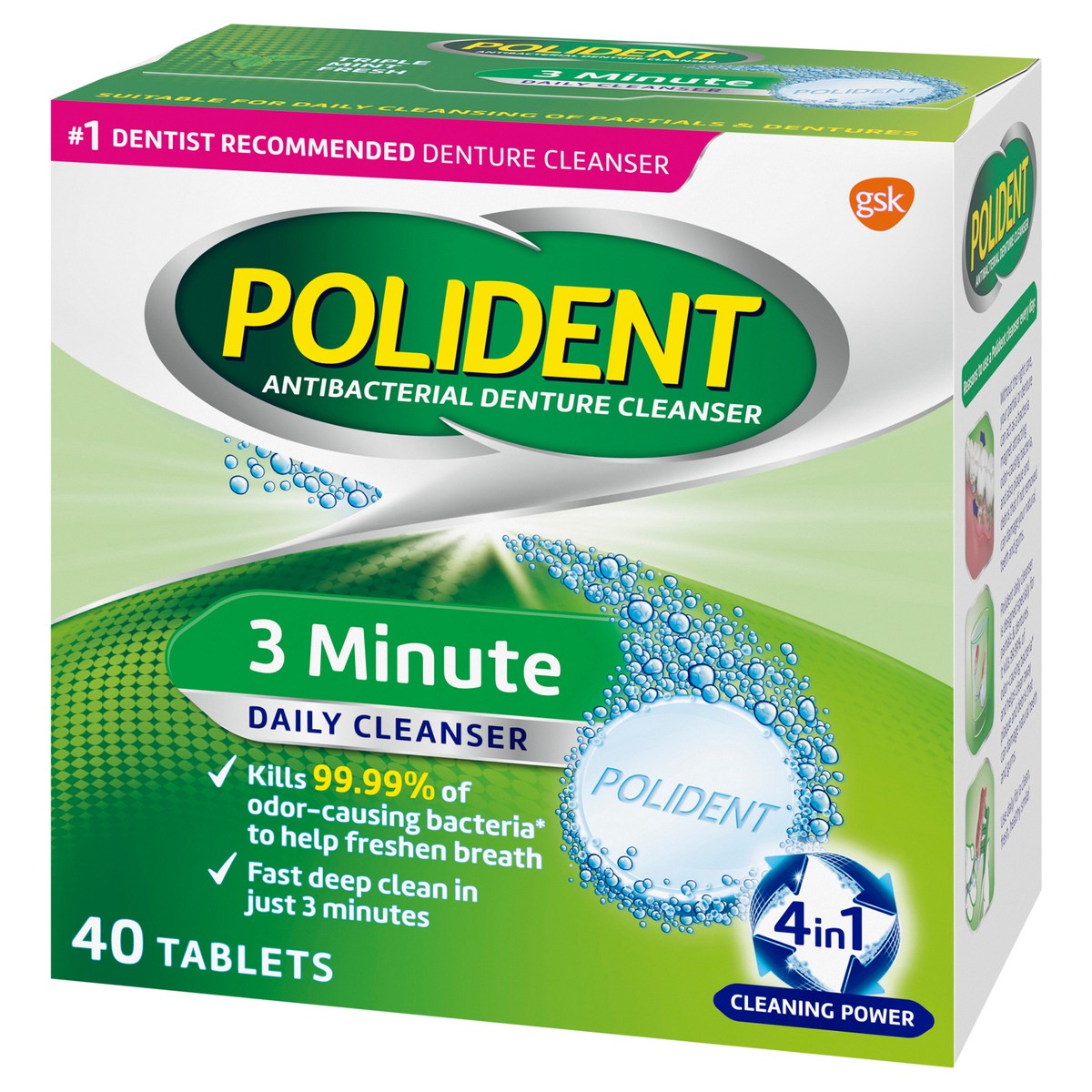 slide 3 of 9, Polident 3 Minute Triple Mint Antibacterial Effervescent Denture Cleaner Tablets - 40 Count, 40 ct