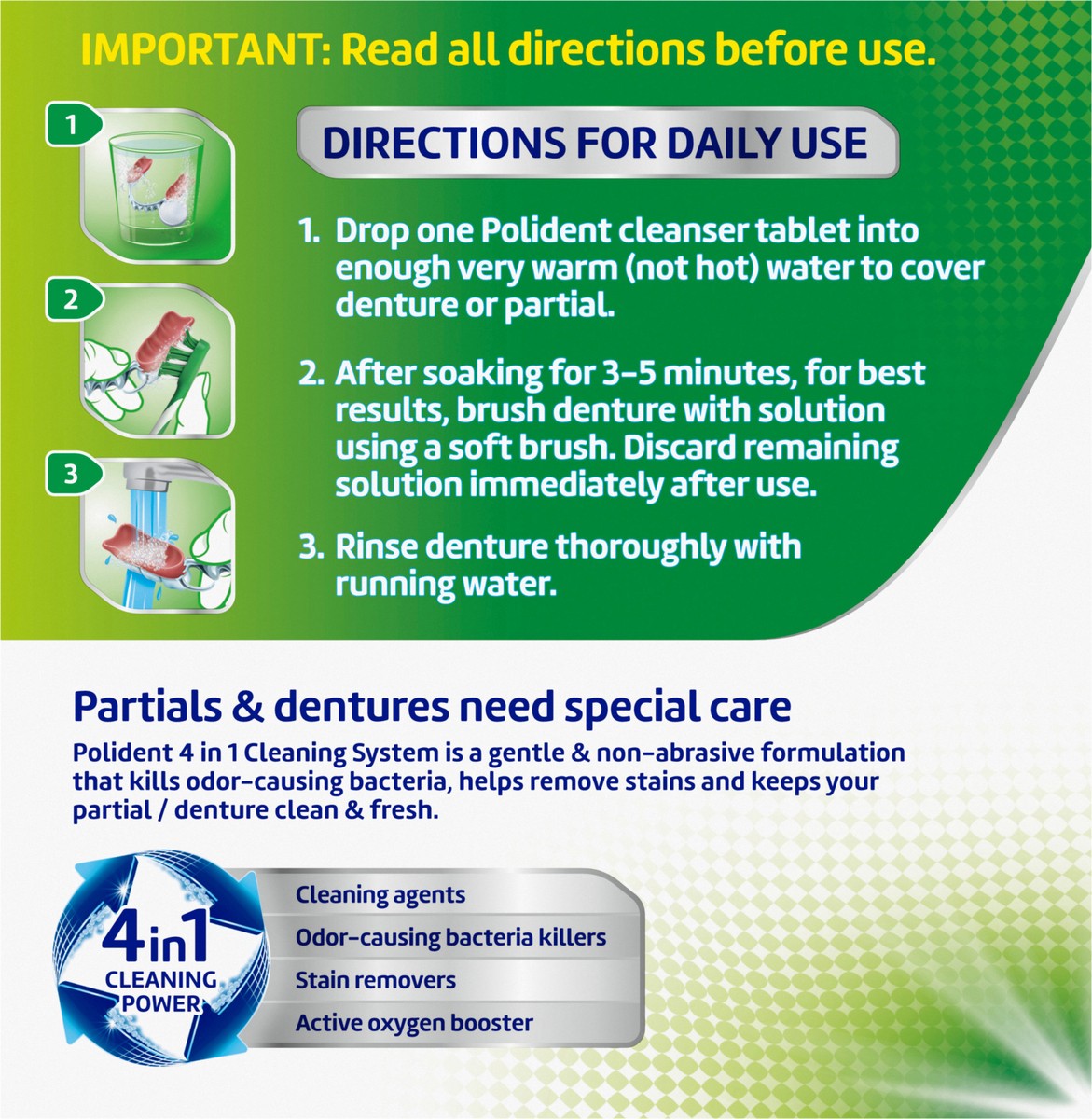 slide 5 of 9, Polident 3 Minute Triple Mint Antibacterial Effervescent Denture Cleaner Tablets - 40 Count, 40 ct