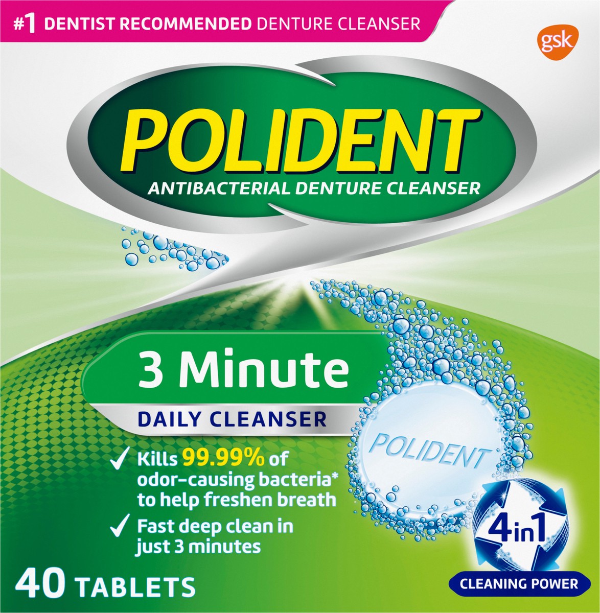 slide 6 of 9, Polident 3 Minute Triple Mint Antibacterial Effervescent Denture Cleaner Tablets - 40 Count, 40 ct