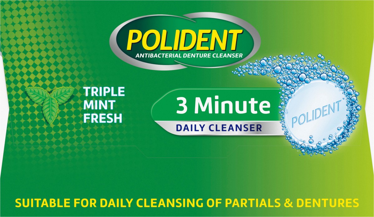 slide 9 of 9, Polident 3 Minute Triple Mint Antibacterial Effervescent Denture Cleaner Tablets - 40 Count, 40 ct