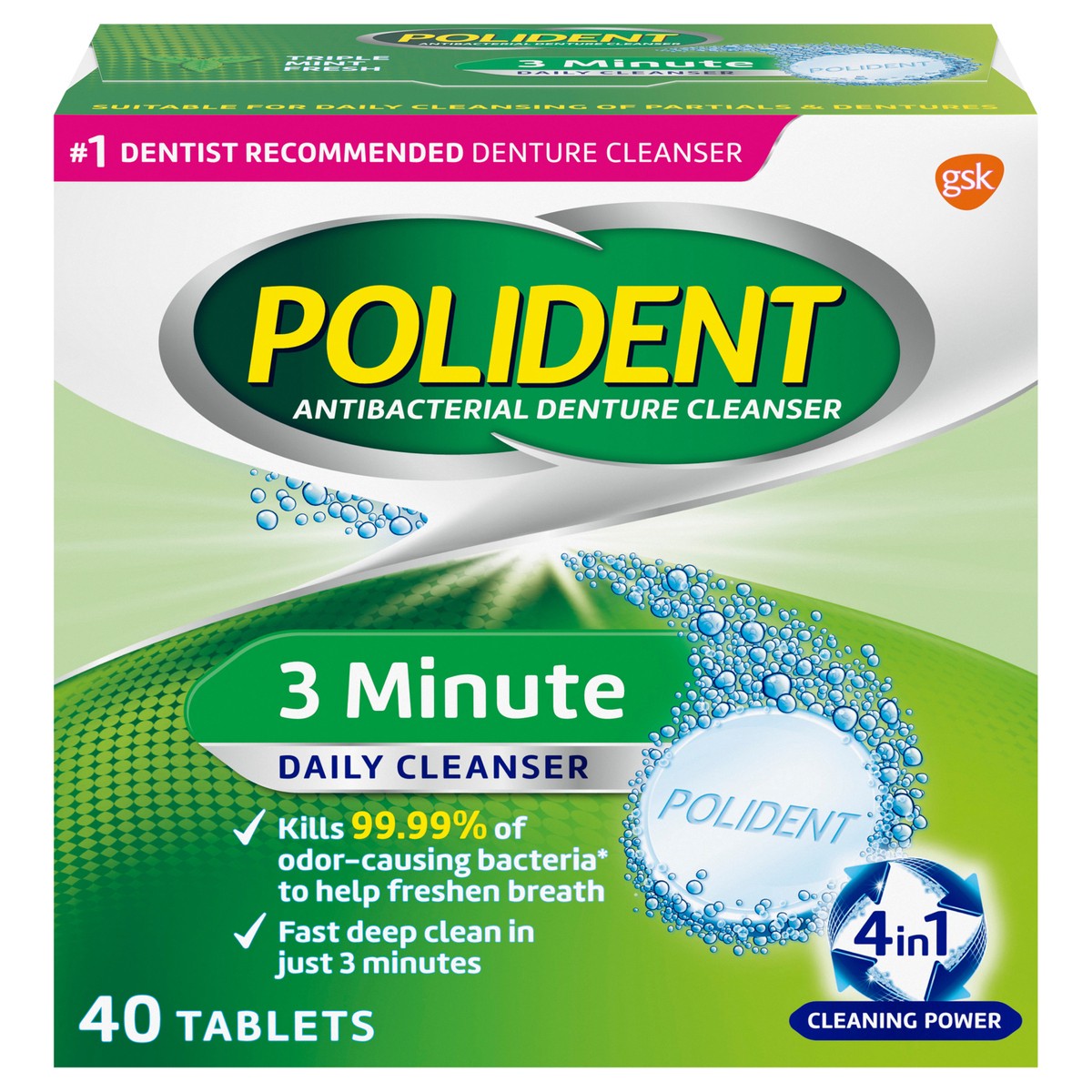 slide 1 of 9, Polident 3 Minute Triple Mint Antibacterial Effervescent Denture Cleaner Tablets - 40 Count, 40 ct